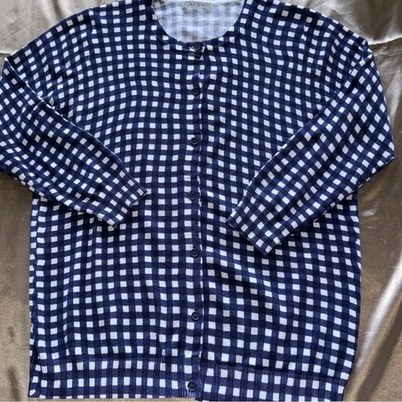 Navy/White Gingham Cotton Cardigan Houndstooth Plaid Button Front 3/4 Sleeve MED - Picture 9 of 10
